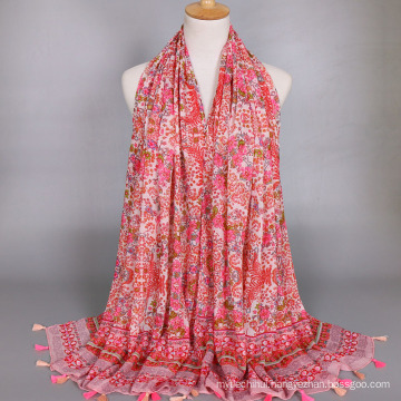 Fashion new arrival large flower pattern print scarf mecerized cotton shawl with tassel